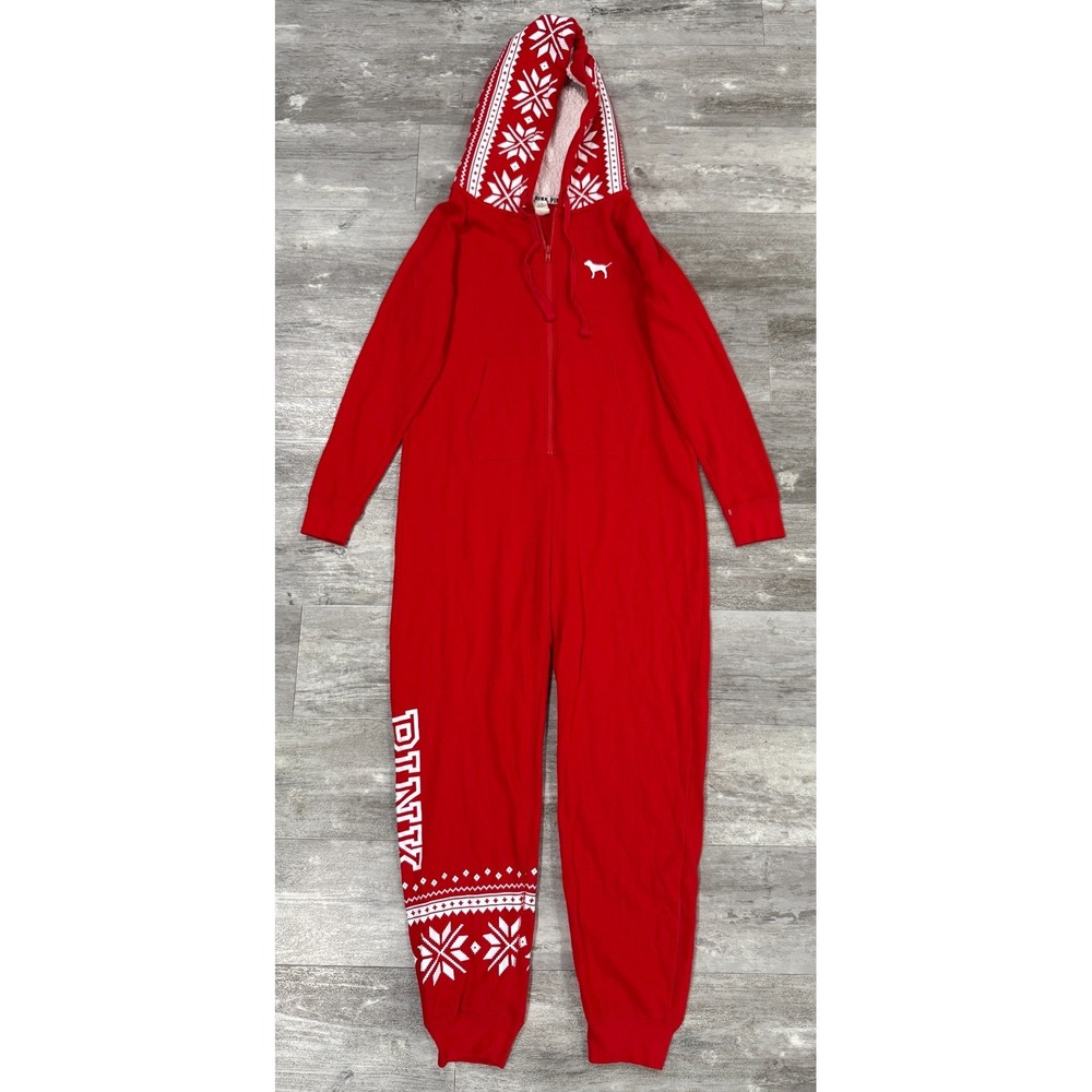 Victorias Secret PINK Sherpa Hoodie One Piece Pajamas Fair Isle Size Medium Red